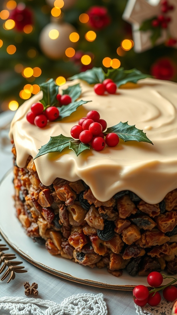 A festive Christmas cake with mincemeat, decorated with marzipan and holly, on a table with Christmas lights.